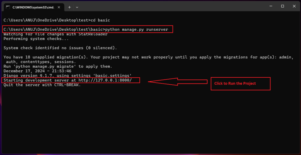 python manage,py runserver