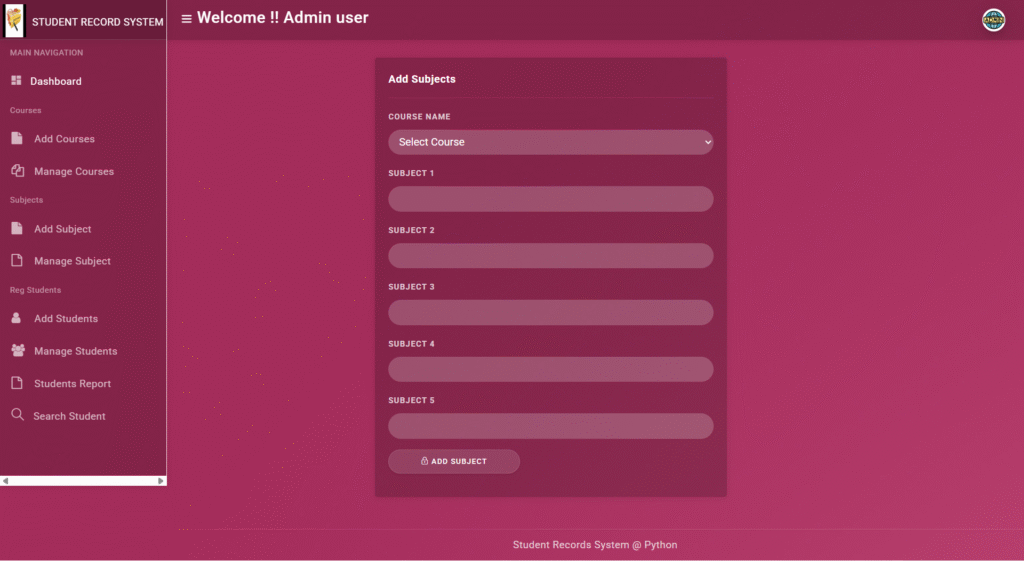 SRS Django Add Subject