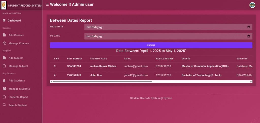 SRS Django Bw Dates Report