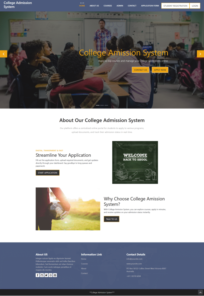 College Admissions System python Django Home Page