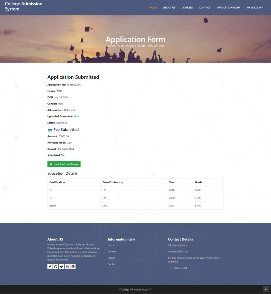 College Admissions System python Django Filled Form