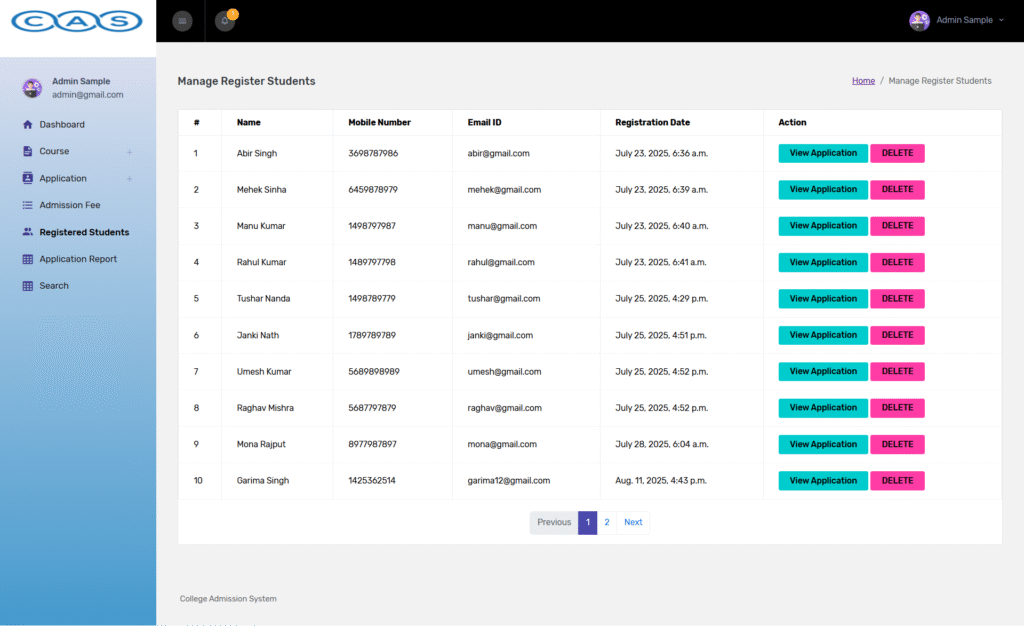 College Admissions System python Django Registered students